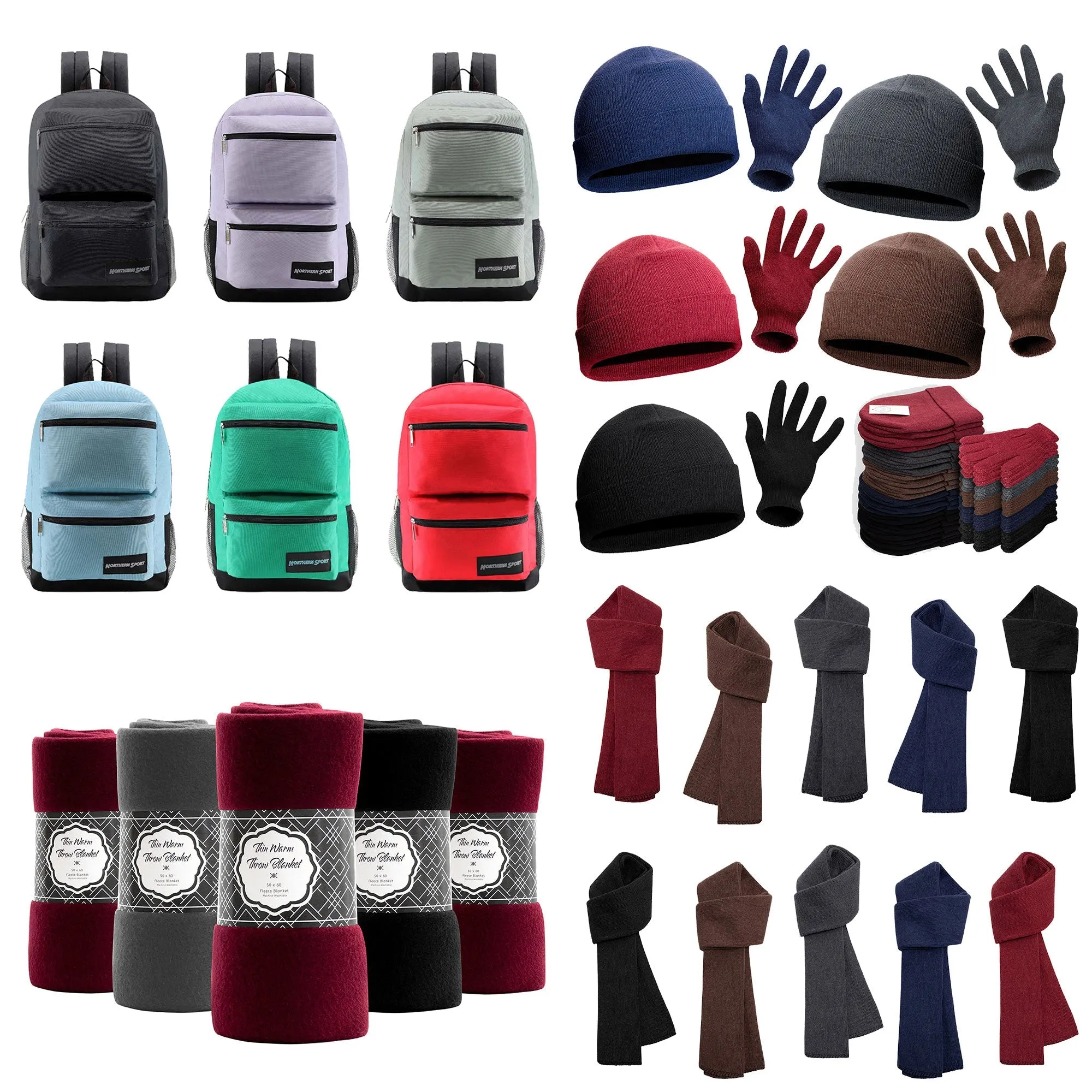 12 Deluxe 17" Backpacks & Your Choice of 12 Winter Item Sets - Wholesale Care Package: Homeless, Emergency, Charity