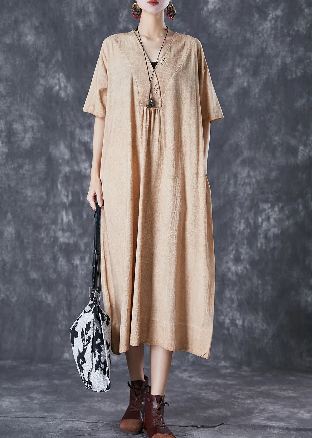 Bohemian Khaki V Neck Pockets Linen Long Dress Summer LY7115