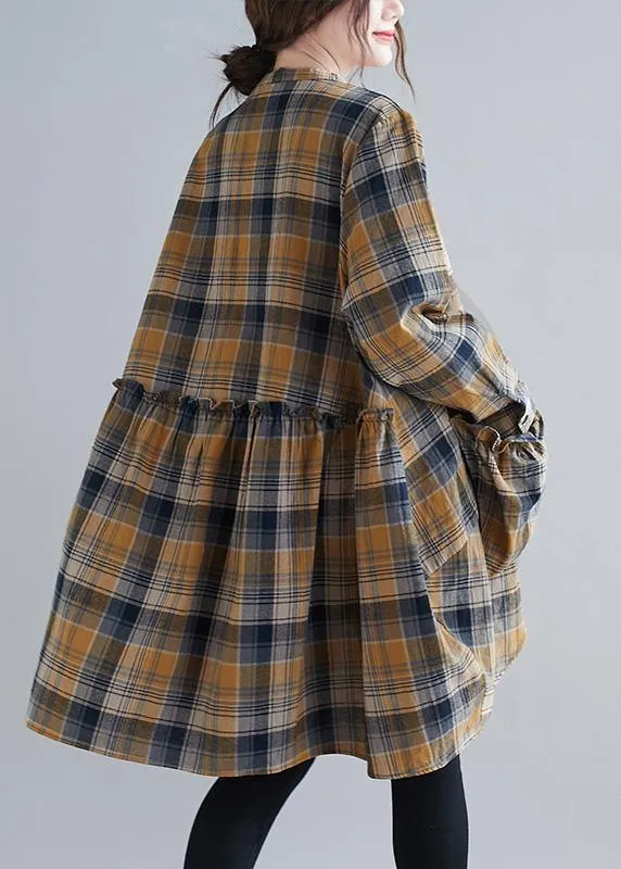 Bohemian Plaid Shirts O-Neck Asymmetric Plus Size Clothing Spring Top