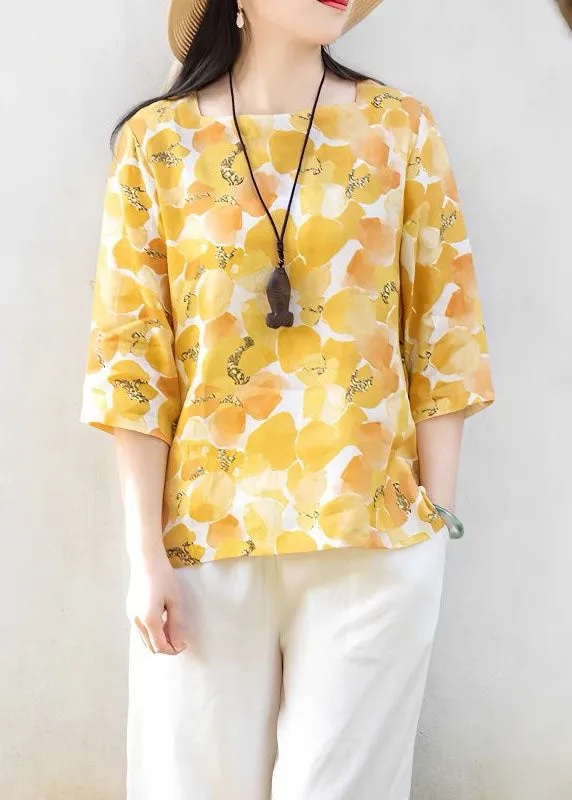 Casual Yellow Square Collar Print Linen T Shirts Top Summer LY2911