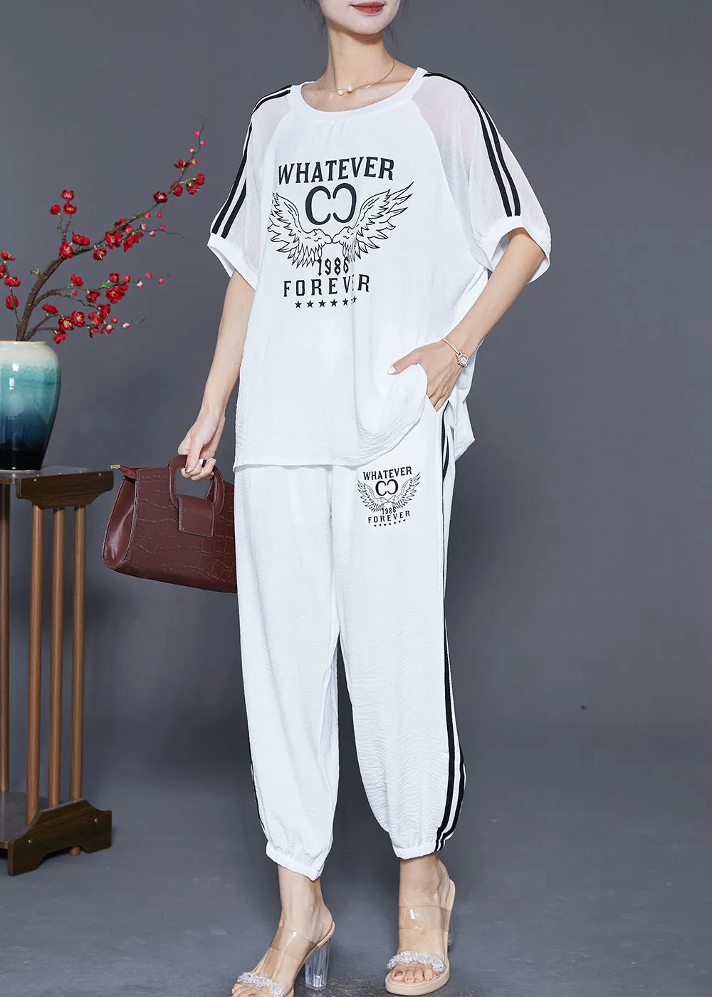 Classy White Oversized Print Linen Silk Two Pieces Set Summer LY6866