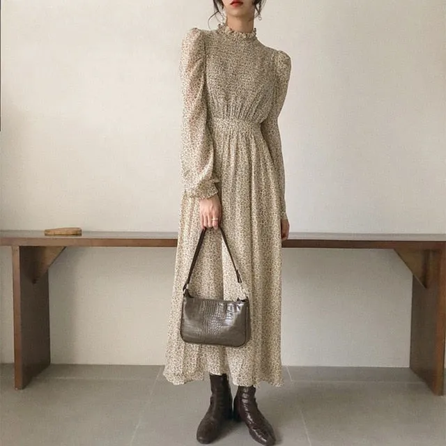 Collar Ruched Sleeve A-line Dress Women Floral Print Elastic Waist