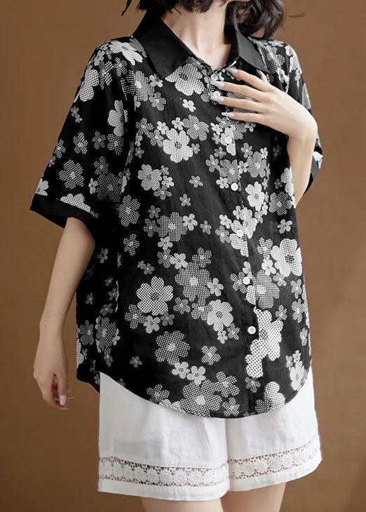 Fashion Black Peter Pan Collar Print Patchwork Cotton Shirts Top Summer LY3974