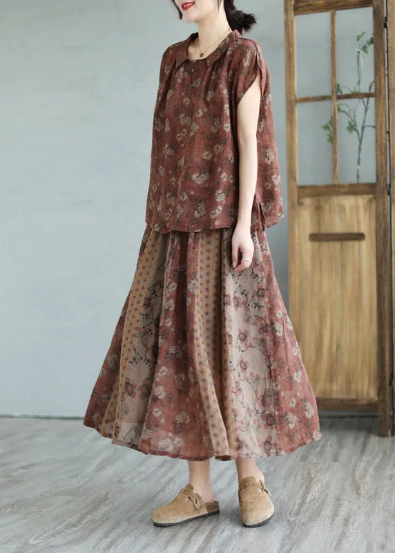 Handmade Peter Pan Collar Print Linen Shirts And Maxi Skirts Two Pieces Set Summer LY2961
