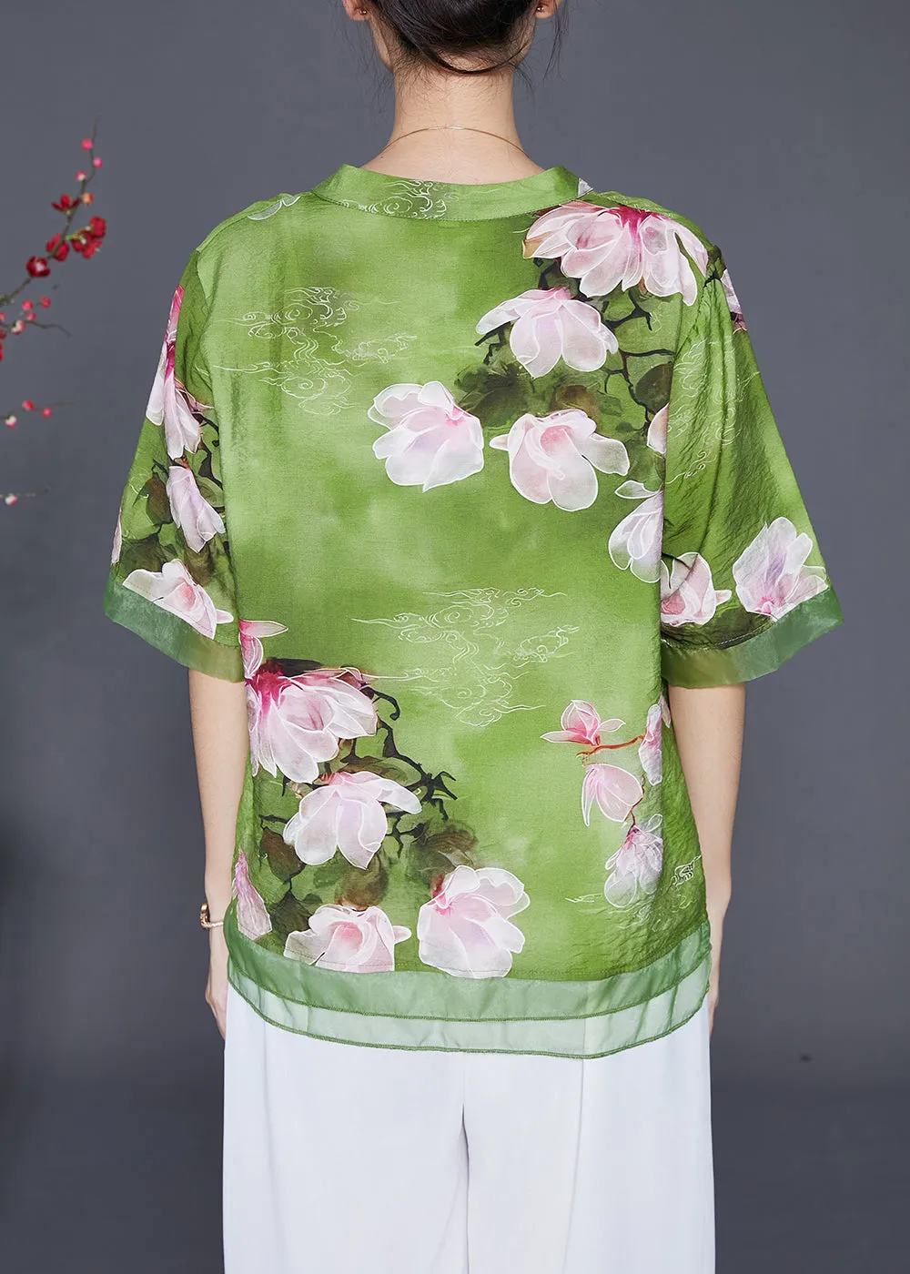 Italian Green Floral Patchwork Organza Linen Silk Shirt Top Half Sleeve LY6545