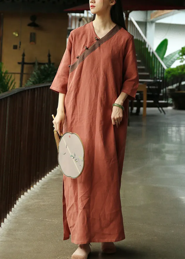 Loose Brick Red Button Side Open Patchwork Linen Dress Half Sleeve ML0089