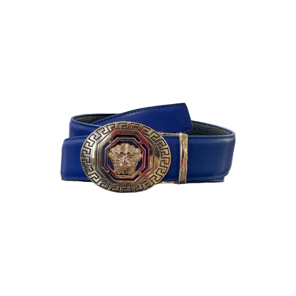 Royal Blue Men's Leathers Belt Gold Buckle Lion Head Greek Key