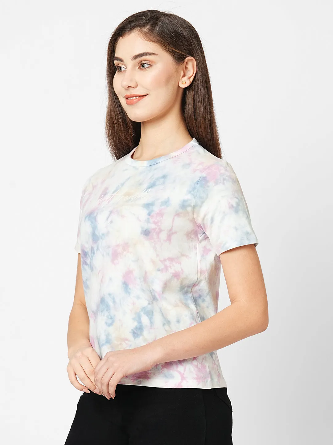 Women Tie & Dye Crew-Neck Boxy Slim Fit T-Shirt