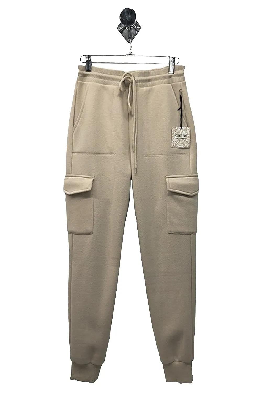 Women's French Terry Cargo Jogger Pants Elastic Drawstring Waistband Sweatpants Lounge Wear